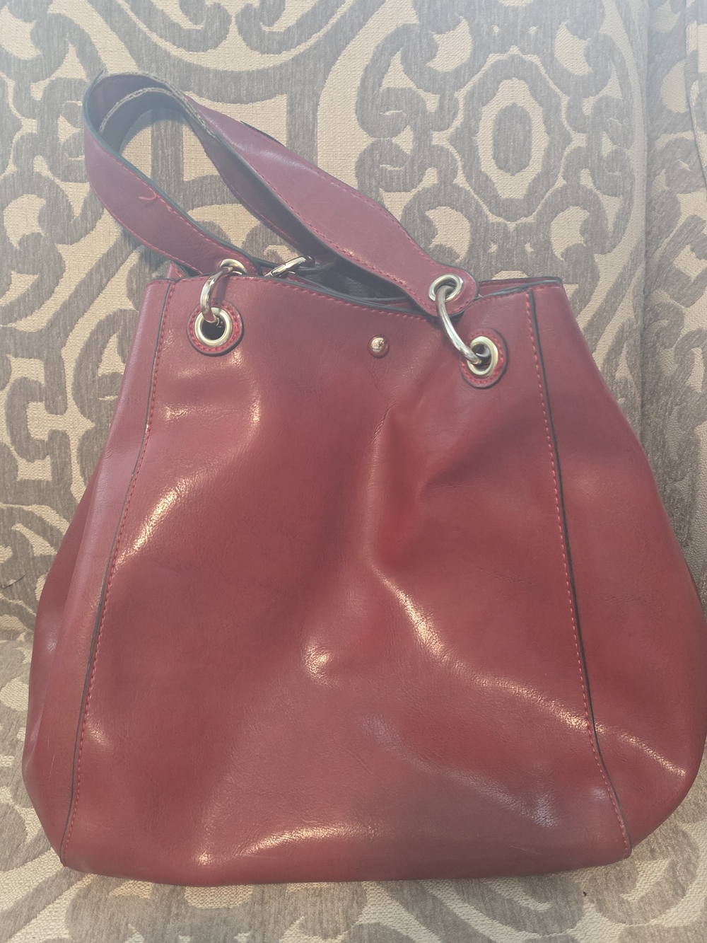 Women’s Burgundy Leather Shoulder Bag with Grommet Detail